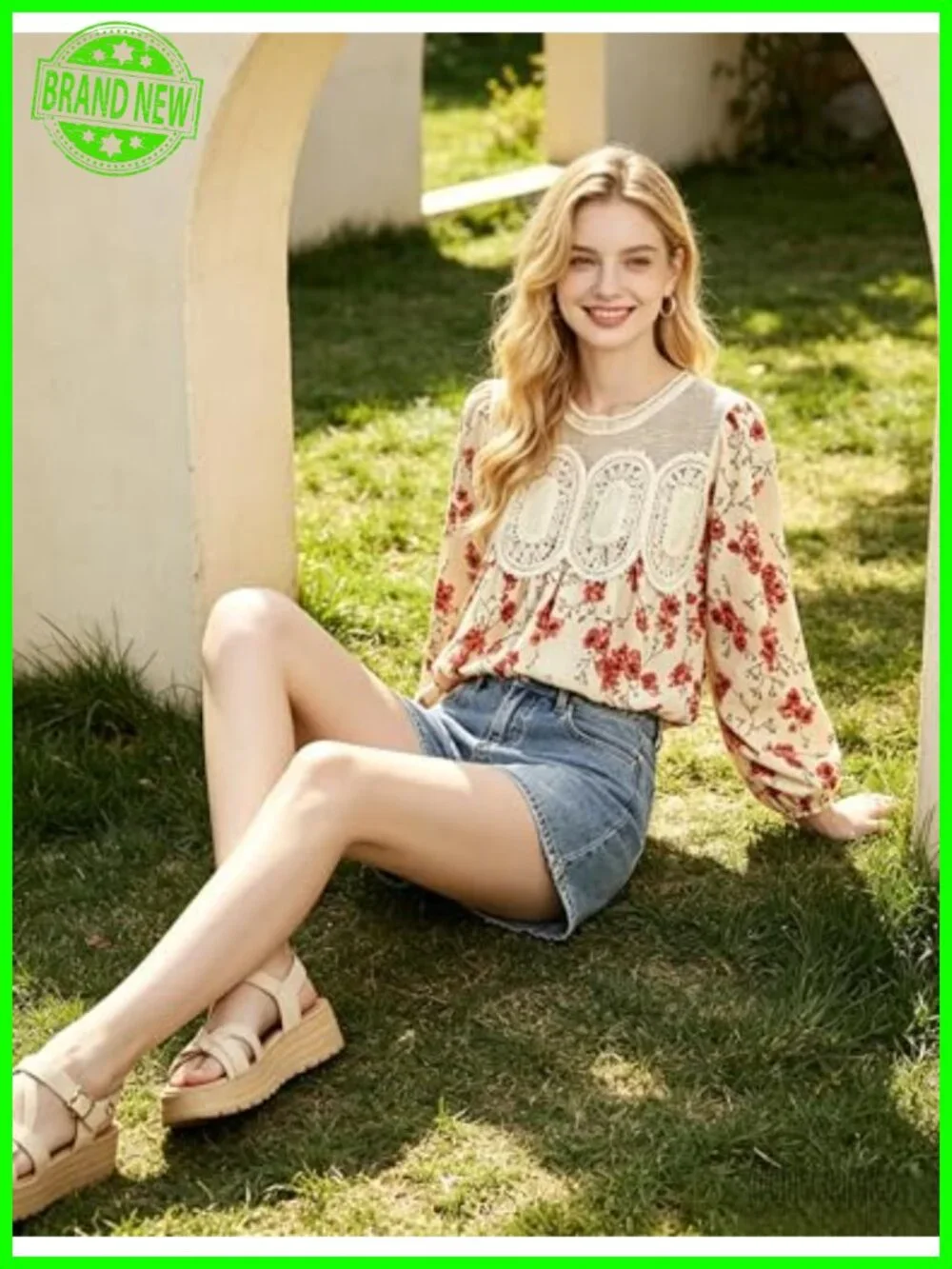 Women's Lace-Detail Poplin Mesh Swing Babydoll Top Long Sleeve Flared Blouse